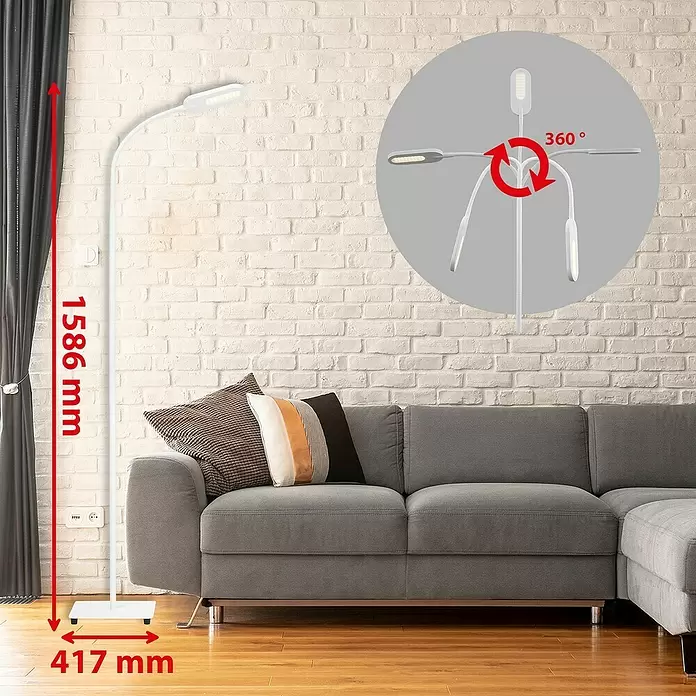Briloner LED-Stehleuchte - Höhe: 128 cm, Weiß - Weiße LED-Stehlampe mit verstellbarem Kopf im Wohnzimmer, 1586mm hoch, 417mm Basis. 360° drehbar.