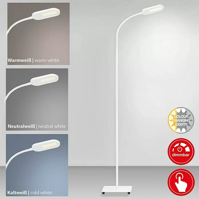 Briloner LED-Stehleuchte - Höhe: 128 cm, Weiß - Weiße Stehlampe mit einstellbarer Lichttemperatur (warm, neutral, kaltweiß), Farbwechsel, Dimm- und Touch-Steuerungsfunktionen.