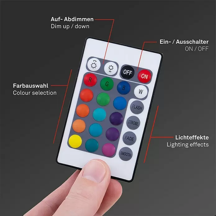 Briloner LED-Band Flexband - Länge: 5 m, Lichtfarbe: RGBW, 22 W - Ein weiß-graue Fernbedienung für LED-Leuchten mit Farbauswahl, Dimm-, Ein-/Ausschalt- und Lichteffekt-Tasten, von einer Hand gehalten.