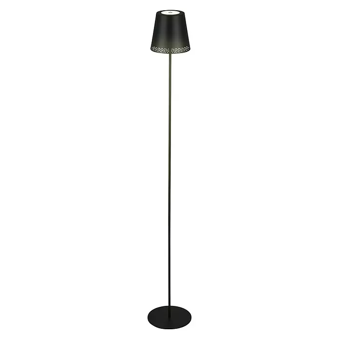 Brilo LED-Stehleuchte - 4,3 W, Höhe: 130 cm, Warmweiß - Schwarze Stehlampe aus Metall mit perforiertem Schirm und Touch-Power-Taste oben.