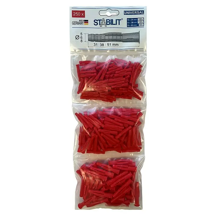 Stabilit Universaldübel-Set - Ø x L: 8 x 51 mm, 250 Stk. - Eine Packung Stabilit Universal Dübel, 250 Stück, mit den Größen 5 x 31 mm, 6 x 38 mm und 8 x 51 mm für vielfältige Befestigungsanwendungen.