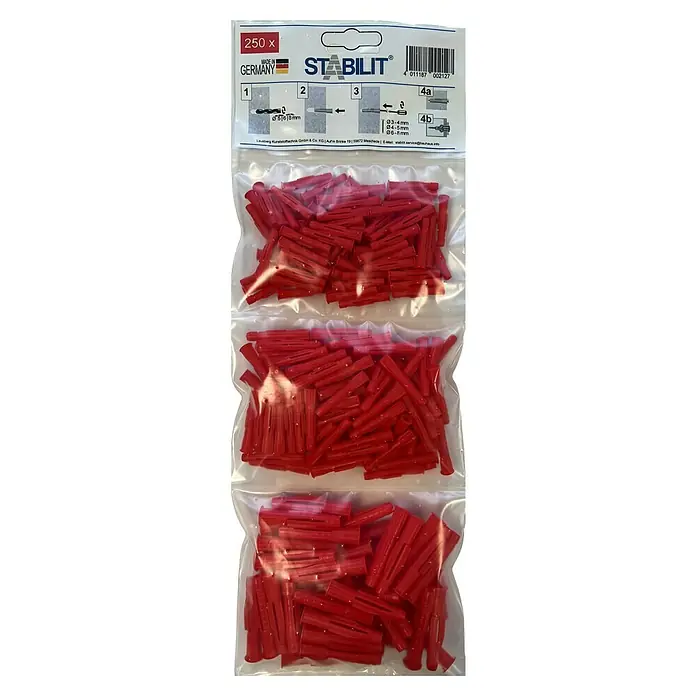 Stabilit Universaldübel-Set - Ø x L: 8 x 51 mm, 250 Stk. - Eine Packung mit 250 roten Stabil-Dübeln, hergestellt in Deutschland. Die Dübel sind in drei durchsichtigen Plastikbeuteln verpackt.