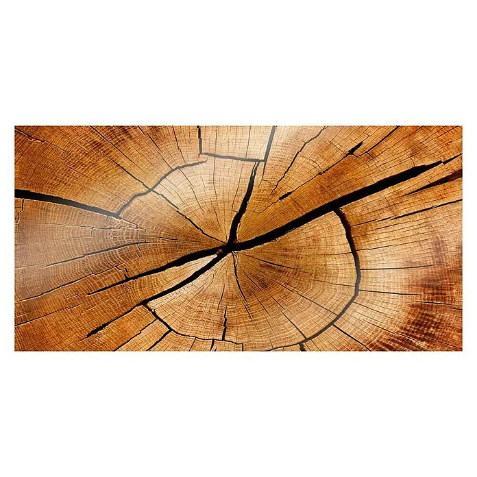 CUCINE Küchenrückwand - Circled Wood, 80 x 40 cm, Stärke: 6 mm, Einscheibensicherheitsglas (ESG) - Detailaufnahme einer Baumscheibe, die die Jahresringe und Risse im Holz zeigt. Die Textur ist natürlich und rustikal.
