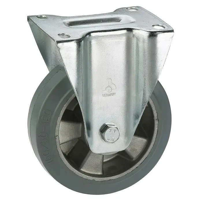 Stabilit Transportgeräte-Bockrolle - Durchmesser Rollen: 160 mm, Traglast: 300 kg, Material Reifen: Elastic-Vollgummi, Mit Platte, Kugellager - Bild einer Schwerlast-Lenkrolle mit grauem Rad und verzinktem Gehäuse für den industriellen Einsatz.