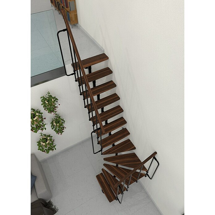 Minka Sporedne stepenice Joker Turn  (Visina kata: 302,9 cm, Boja gazišta: Orah, Boja metala: Crna) | BAUHAUS