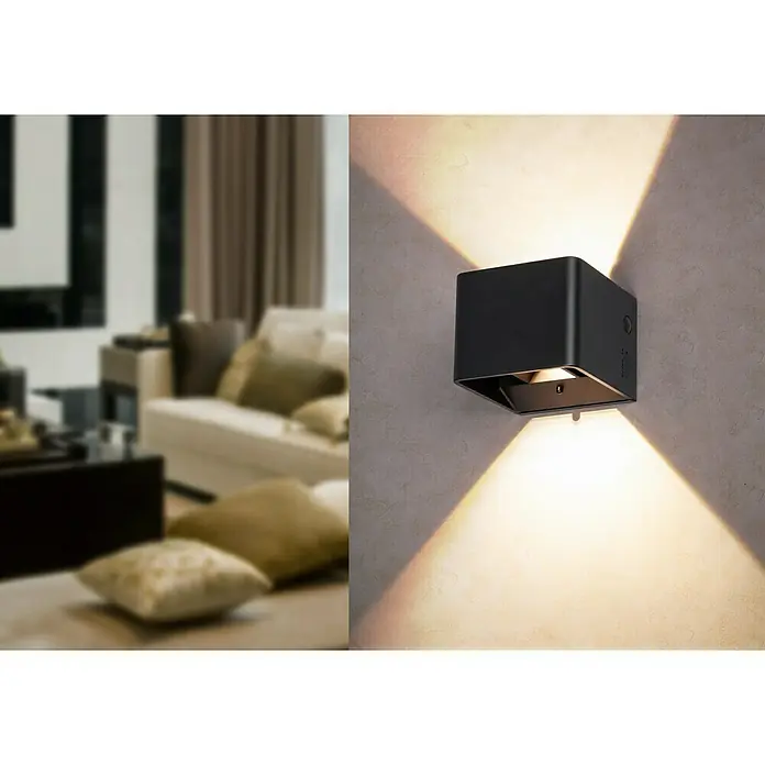 Lavida Akku-Wandleuchte Lucca Vario - 10 x 10 x 8 cm, Sandschwarz, Warmweiß - Quadratische, schwarze Wandleuchte mit Lichtstrahlen nach oben und unten, die eine moderne Beleuchtungslösung bietet.