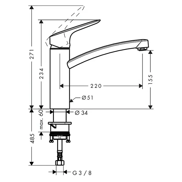Hansgrohe Spültischarmatur Logis 160 - Chrom, Glänzend - Detailzeichnung einer Armatur mit Maßen.