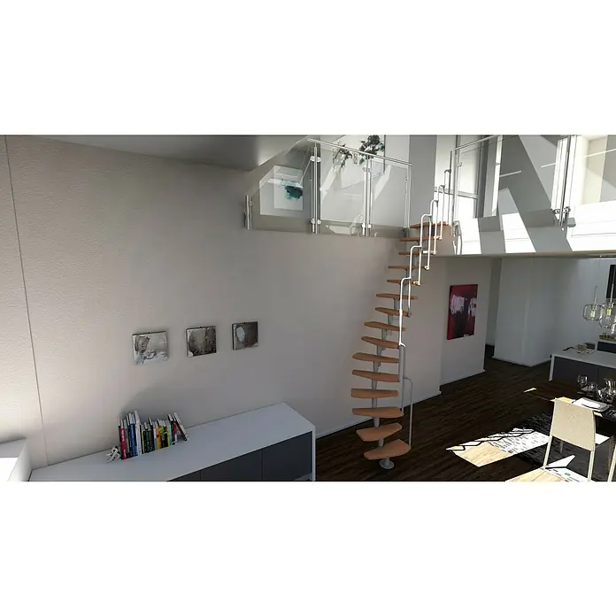 Minka Raumspartreppe Monaco - Breite: 60 cm, Grau, Farbe Stufen: Buche Natur, Geschosshöhe: 294 cm - Innenaufnahme eines modernen Raumes mit einer Wendeltreppe, Möbeln und Kunstwerken an den Wänden.