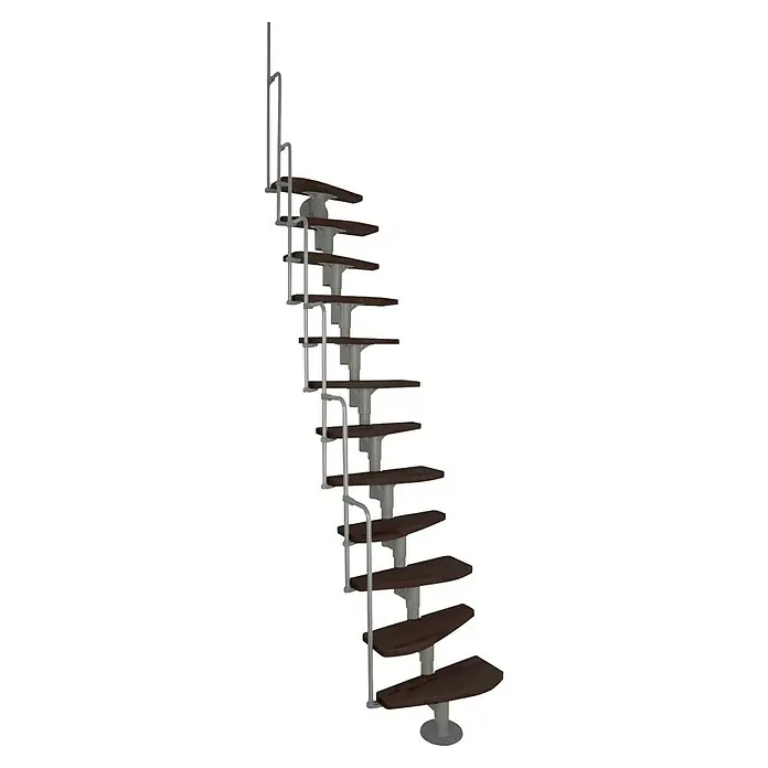 Minka Raumspartreppe Monaco - Breite: 60 cm, Grau, Farbe Stufen: Buche Walnuss gebeizt, Geschosshöhe: 294 cm - Bild einer eleganten Wendeltreppe mit Holzstufen und silbernen Geländern vor einem schwarzen Hintergrund.