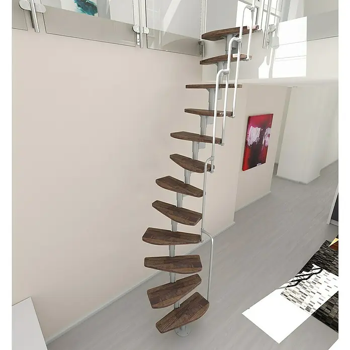 Minka Raumspartreppe Monaco - Breite: 60 cm, Grau, Farbe Stufen: Buche Walnuss gebeizt, Geschosshöhe: 294 cm - Wendeltreppe aus Holz und Metall. Das moderne Design passt gut zu vielen Einrichtungsstilen und bietet eine platzsparende Lösung für den Aufstieg.