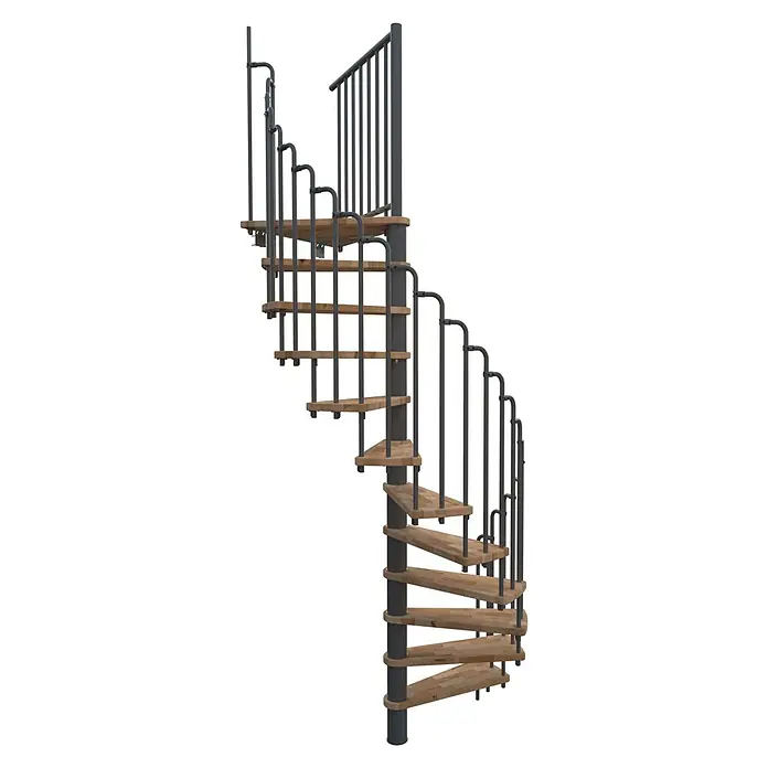 Minka Spindeltreppe Paris - Durchmesser: 140 cm, Grau, Farbe Stufen: Buche Natur, Geschosshöhe: 282 cm - Spiralförmige Außentreppe mit Holzstufen und einem Geländer aus grauem Metall für den Außenbereich.