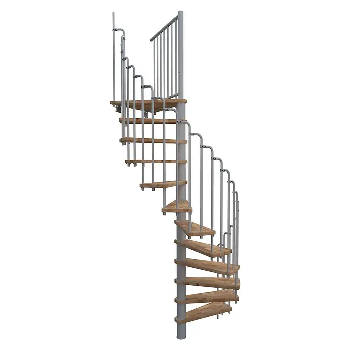 Minka Spindeltreppe Paris - Durchmesser: 140 cm, Weiß, Farbe Stufen: Buche Natur, Geschosshöhe: 282 cm - Eine elegante Wendeltreppe mit hellen Holzstufen und einem robusten, silberfarbenen Metallgeländer für den Innenbereich.
