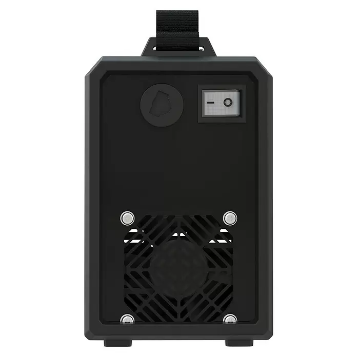 Güde Elektrodenschweißgerät GIS 122 - Schweißstrom: 10 A - 120 A, 230 V - Rückansicht eines schwarzen tragbaren Elektronikgeräts mit Netzschalter, Lüfter und schwarzem Stoffgriff.