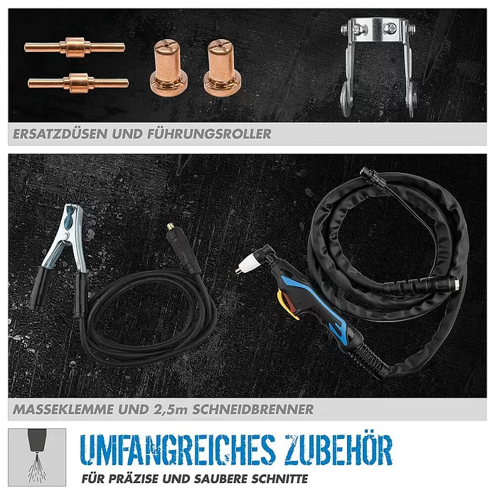 Güde Plasmaschneider GPS-K AIR CUT 40 AK - Schweißstrom: 15 A - 40 A, Max. Schnittstärke: 12 mm, 230 V - Plasma-Schneidbrenner-Zubehör: Kupferdüsen, Führungsrolle, Masseklemme und Schneidbrenner mit Schlauch.