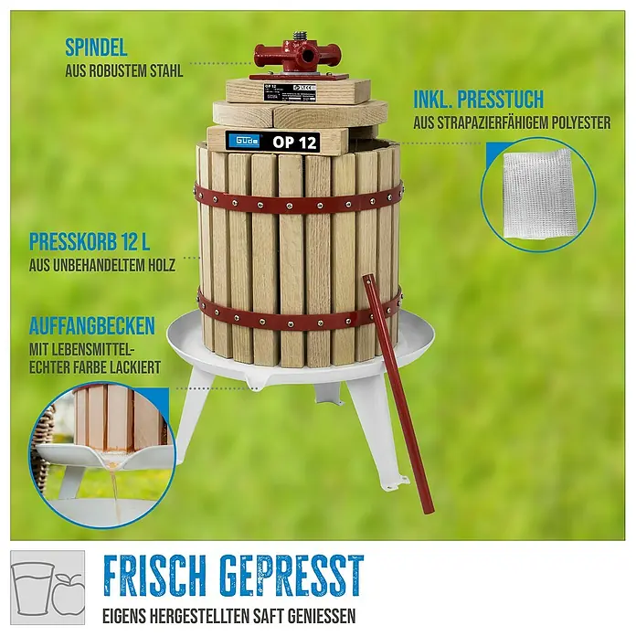 Güde Obstpresse OP 12 - Fassungsvermögen: 12 l - Bild einer Obstpresse OP 12 von Güde. Die Presse besteht aus einem robusten Stahlspindel, einem Presskorb aus unbehandeltem Holz und einem Auffangbecken.