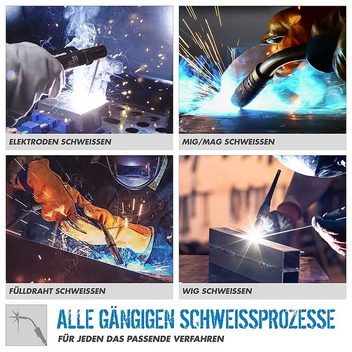 Güde Kombi-Schweißgerät UNI-MIG 205 SYN - Schweißstrom: 20 A - 200 A - Vier Bilder zeigen gängige Schweißverfahren: Elektroden-, MIG/MAG-, Fülldraht- und WIG-Schweißen mit Lichtbögen und Funken.