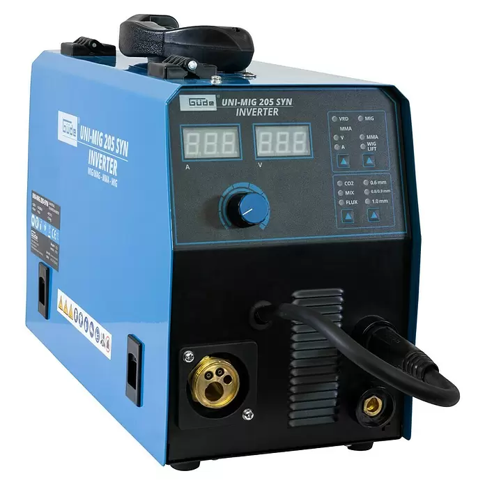 Güde Kombi-Schweißgerät UNI-MIG 205 SYN - Schweißstrom: 20 A - 200 A - Blau-schwarzes Güde UNI-MIG 205 SYN Inverter Schweißgerät mit Digitalanzeige, Drehknopf und Frontanschlüssen.