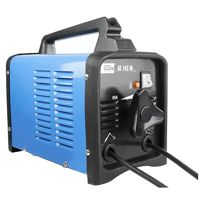 Güde Elektrodenschweißgerät GE 145 W - Schweißstrom: 40 A - 100 A, 230 V - Blaue und schwarze Schweißmaschine mit Bedienelementen, Griff und angeschlossenen Kabeln.