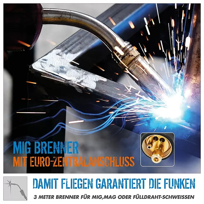 Güde Kombi-Schweißgerät UNI-MIG 205 SYN - Schweißstrom: 20 A - 200 A - MIG-Schweißbrenner mit Euro-Zentralanschluss, beim Schweißen von Metall mit Funkenflug. Detailansicht des Anschlusses.