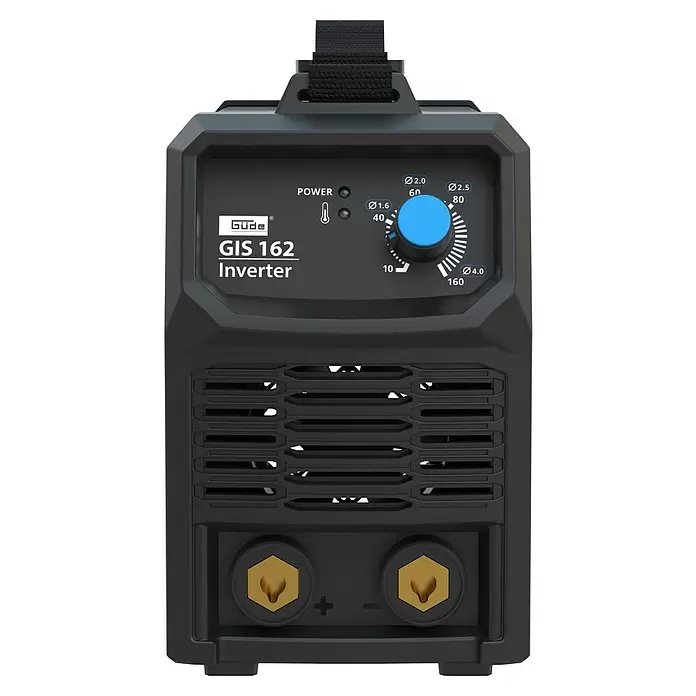 Güde Elektrodenschweißgerät GIS 162 - Schweißstrom: 10 A - 160 A, 230 V - Dunkelgraues Güde GIS 162 Inverter Schweißgerät mit blauem Drehregler, Anzeigen und Anschlussbuchsen.