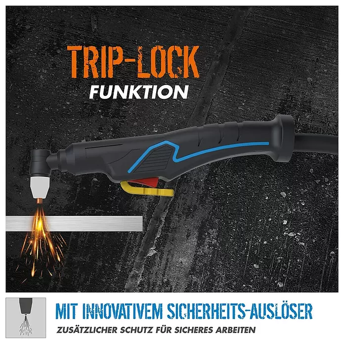 Güde Plasmaschneider GPS-K AIR CUT 40 AK - Schweißstrom: 15 A - 40 A, Max. Schnittstärke: 12 mm, 230 V - Schwarzer und blauer Plasmabrenner, der Metall schneidet, mit innovativem Sicherheitsauslöser und Trip-Lock-Funktion.