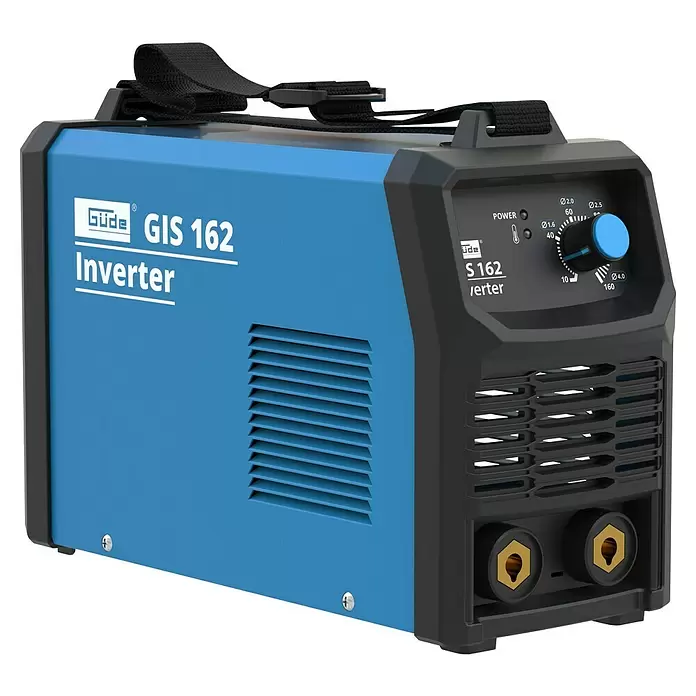 Güde Elektrodenschweißgerät GIS 162 - Schweißstrom: 10 A - 160 A, 230 V - Blauer und schwarzer Güde GIS 162 Inverter Schweißgerät mit Bedienfeld, Lüftungsschlitzen und Kabelanschlüssen.