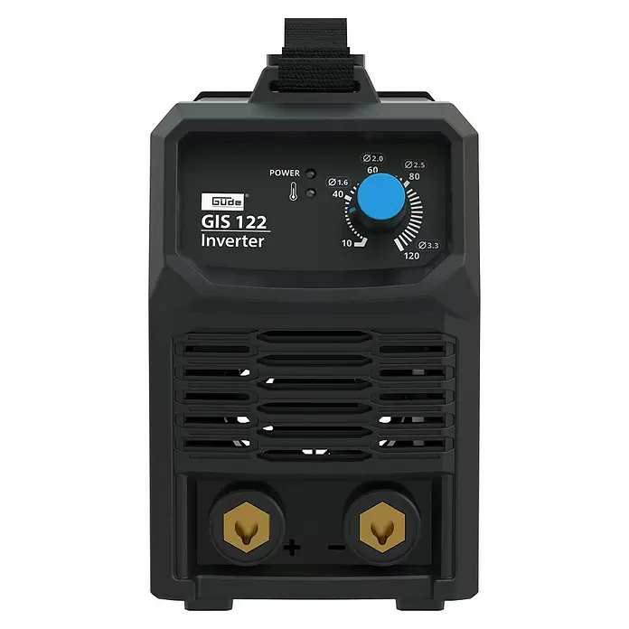 Güde Elektrodenschweißgerät GIS 122 - Schweißstrom: 10 A - 120 A, 230 V - Schwarzes Güde GIS 122 Inverter-Schweißgerät mit blauem Einstellrad und goldfarbenen Anschlüssen.