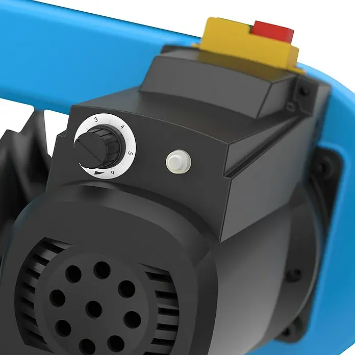 Güde Metallbandsäge MBS 125 V - 400 W, Leerlaufdrehzahl: 2.000 U/min - 4.000 U/min - Nahaufnahme einer blauen Maschine mit einem schwarzen Bedienfeld, einem gelben Knopf und einem schwarzen Drehknopf.