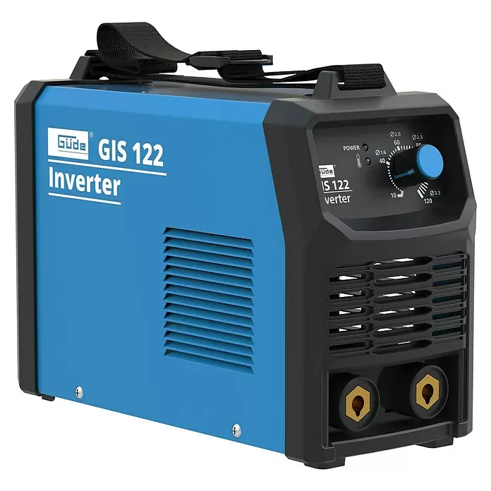 Güde Elektrodenschweißgerät GIS 122 - Schweißstrom: 10 A - 120 A, 230 V - Blauer und schwarzer Güde GIS 122 Inverter Schweißgerät mit Tragegurt, Bedienfeld und Anschlüssen.
