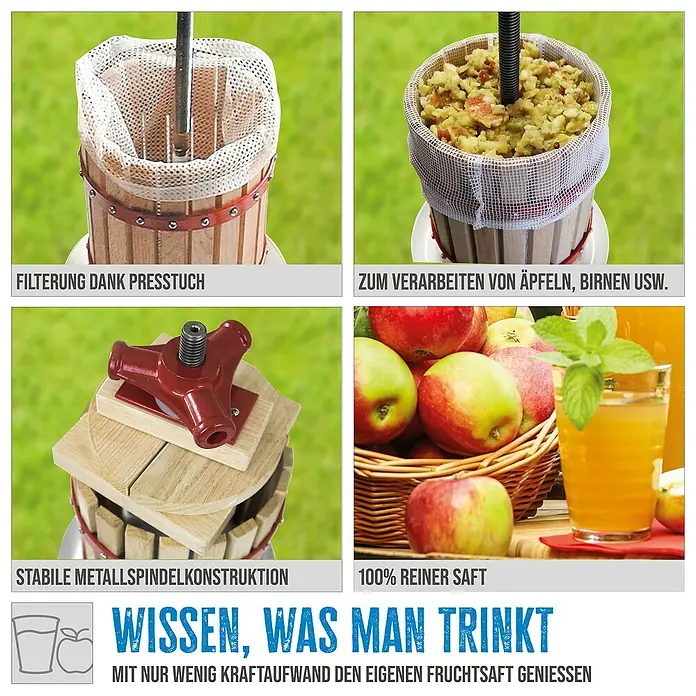 Güde Obstpresse OP 12 - Fassungsvermögen: 12 l - Apfelpresse im Detail: Filtertuch, verarbeitete Äpfel, Metallspindelkonstruktion und 100% reiner Saft für gesunden Genuss.