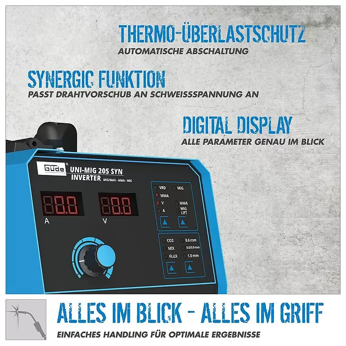 Güde Kombi-Schweißgerät UNI-MIG 205 SYN - Schweißstrom: 20 A - 200 A - Blau-schwarzes Güde UNI-MIG 205 SYN Inverter-Schweißgerät mit Digitalanzeige und Synergie-Funktion.