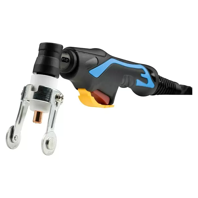 Güde Plasmaschneider GPS-E 40 AK - Schweißstrom: 15 A - 40 A, Max. Schnittstärke: 12 mm, 230 V - Plasmabrennschneider mit schwarzem und blauem ergonomischem Griff, gelbem Abzug und silbernem Metall-Führungsradaufsatz.