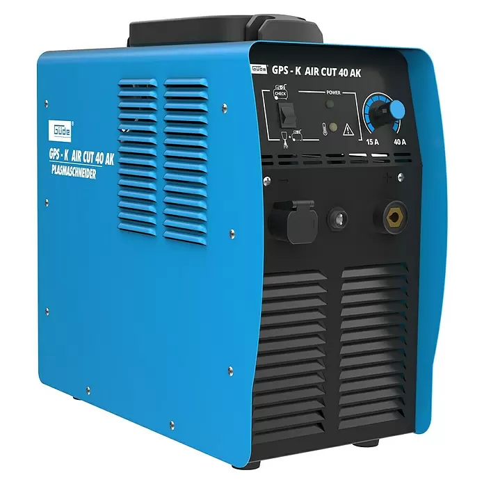 Güde Plasmaschneider GPS-K AIR CUT 40 AK - Schweißstrom: 15 A - 40 A, Max. Schnittstärke: 12 mm, 230 V - Blauer und schwarzer Güde GPS-K Air Cut 40 AK Plasmaschneider mit Bedienfeld, Lüftungsschlitzen und Anschlüssen.