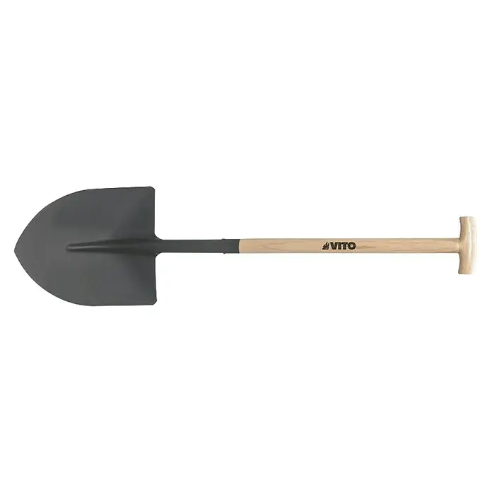 Vito Pala punta VIPBCMT - Mango en T, Madera - Primer plano de una pala con mango de madera y hoja negra. Una herramienta robusta para jardinería y proyectos de construcción.