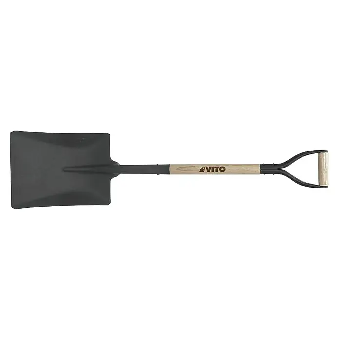 Vito Pala VIPQCM - Mango en D, Cuadrado - Una pala negra con mango de madera con el logotipo "Vito", ideal para jardinería y construcción. Alta calidad y duradera.