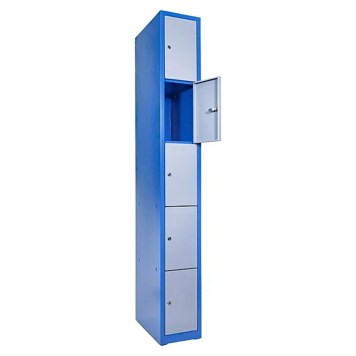 Güde Schließfachschrank - B x H: 260 x 1.920 mm, Anzahl Fächer: 5 Stk. - Blauer Spind mit mehreren Fächern, wobei eine Tür offen steht und Einblick in das Innere gewährt.