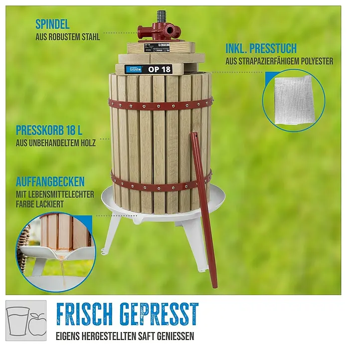 Güde Obstpresse OP 18 - Fassungsvermögen: 18 l - Eine robuste Obstpresse OP 18 aus Stahl und unbehandeltem Holz mit Auffangbecken für frisch gepressten Saft. Inklusive Presstuch.
