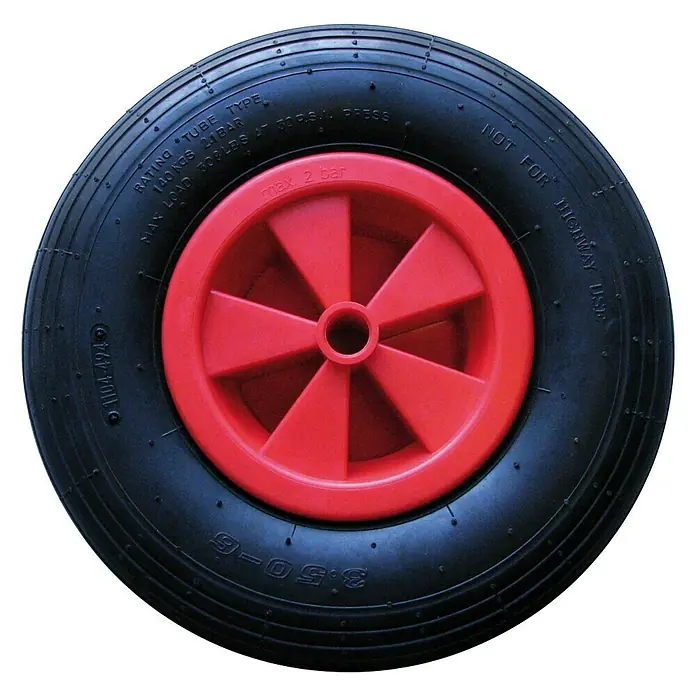 Stabilit Luftrad - Durchmesser: 315 mm, Traglast: 150 kg, Nabenbreite: 92 mm, Rillenprofil - Schwarzes Rad mit roter Felge, geeignet für Schubkarren oder ähnliche Anwendungen, nicht für den Straßenverkehr zugelassen.
