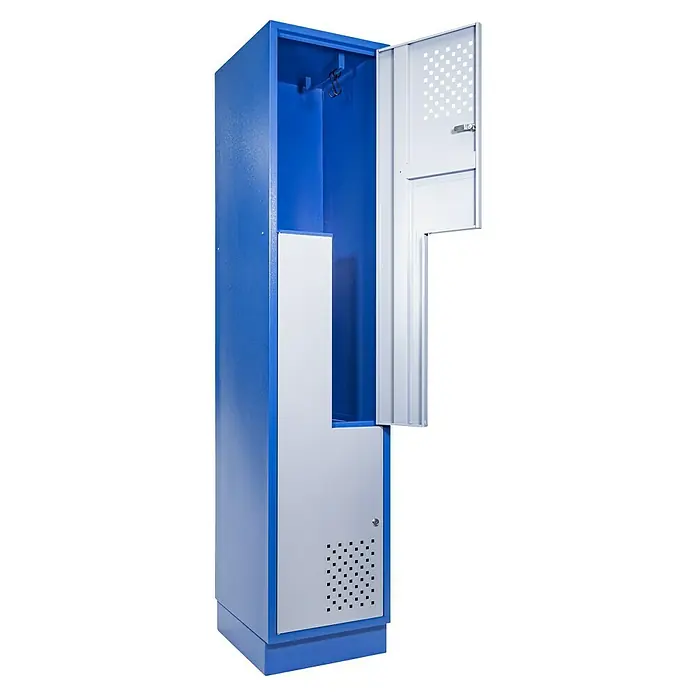 Güde Spind - B x T x H: 410 x 500 x 1.920 mm, Anzahl Türen: 2 Stk. - Blauer Metallschrank mit offenstehender Tür, Ablage und Belüftungslöchern für optimale Aufbewahrung.