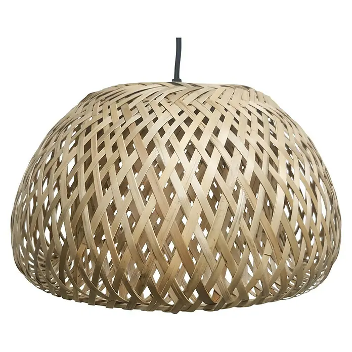 Tween Light Lámpara colgante redonda Bambú - Ø x Al: 45 x 26 cm, Bambú - Primer plano de una lámpara colgante de bambú tejido, que emite una luz cálida y natural.
