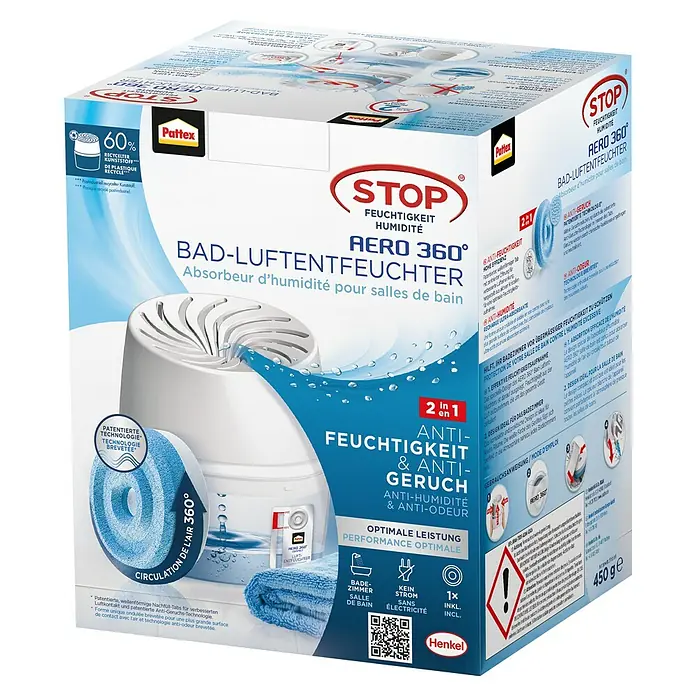 Pattex Luftentfeuchter Bad Aero 360° - Weiß, 1 x Luftentfeuchter, 1 x Tab - Produktbild des Pattex Stop Bad-Luftentfeuchter Aero 360° mit Anti-Feuchtigkeits- & Anti-Geruch Formel für Badezimmer.
