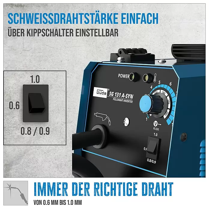 Güde Fülldrahtschweißgerät SG 131 A-SYN - Schweißstrom: 20 A - 120 A, 230 V - Blau-schwarzes Güde SG 131 A-SYN Fülldraht-Inverter Schweißgerät mit Kippschalter für Drahtstärken von 0,6 bis 1,0 mm.