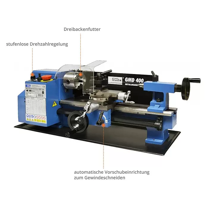 Güde Drehmaschine GMD 400 - 370 W, Spindelkonus: MK3 - Blau-schwarze Güde GMD 400 Mini-Metalldrehmaschine mit Dreibackenfutter, stufenloser Drehzahlregelung und automatischem Gewindeschneidvorschub.