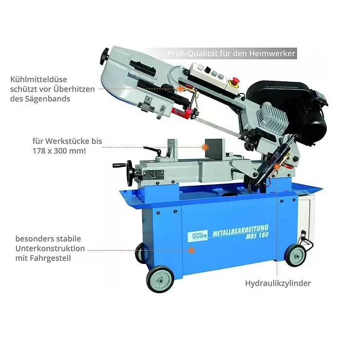 Güde Metallbandsäge MBS 180 - 750 W - Blaue und graue Metallbandsäge mit Kühlmitteldüse, Hydraulikzylinder und Fahrgestell, für große Werkstücke geeignet.