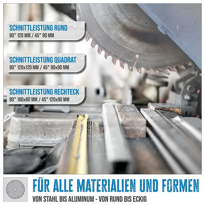 Güde Metallkreissäge GMK355 2.3 - 2,2 kW, 62 Stk. - Sägeblatt mit Schnittleistungsangaben für Rund-, Quadrat- und Rechteckprofile, geeignet für Stahl bis Aluminium.