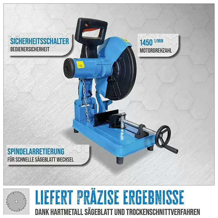 Güde Metallkreissäge GMK355 2.3 - 2,2 kW, 62 Stk. - Blaue Metalltrennsäge mit 1450 U/min Motor, Sicherheitsschalter und Spindelarretierung für präzise Trockenschnitte.