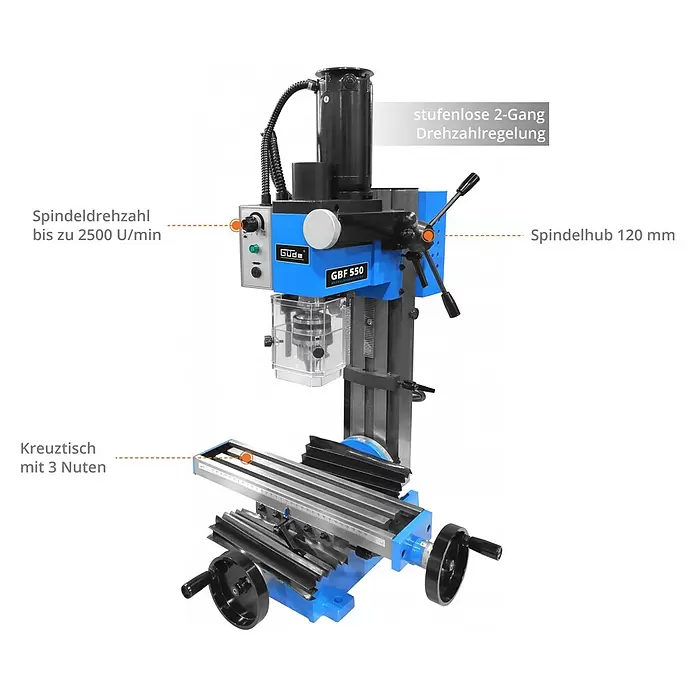Güde Bohr- & Fräsmaschine GBF 550 - 350 W, 0 U/min - 2.500 U/min, Größe Arbeitstisch: 400 x 92 mm - Blaue Güde GBF 550 Fräsmaschine mit Kreuztisch, stufenloser 2-Gang-Drehzahlregelung und 120 mm Spindelhub.