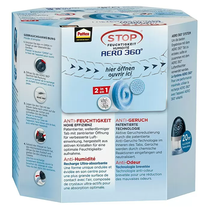 Pattex Luftentfeuchter-Nachfüllpack AERO360° - 2 Stk., 450 g - Weiße und blaue Verpackung für Pattex STOP AERO 360° Luftentfeuchter-Nachfüllsystem, zeigt Produktmerkmale und Anweisungen.