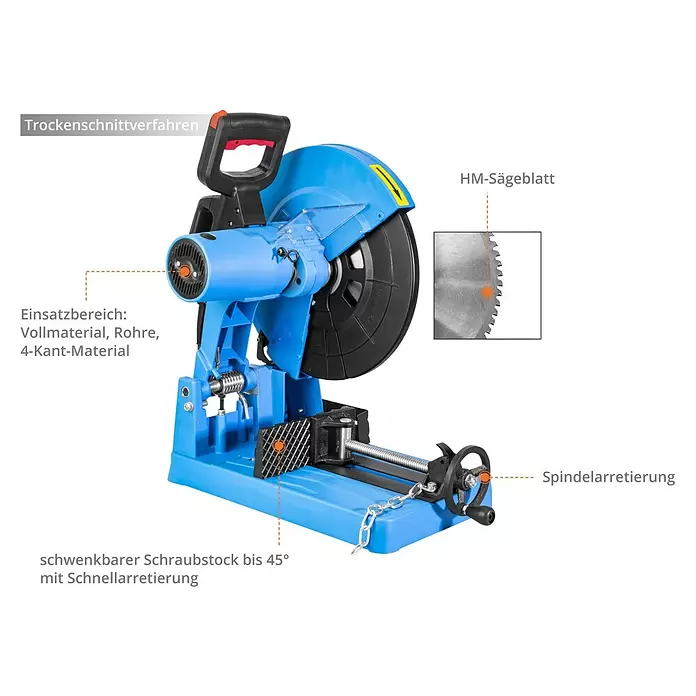 Güde Metallkreissäge GMK 355 2.2 - 2,2 kW - Blaue Kappsäge mit HM-Sägeblatt, schwenkbarem Schraubstock und Spindelarretierung zum Trockenschneiden von Vollmaterial und Rohren.
