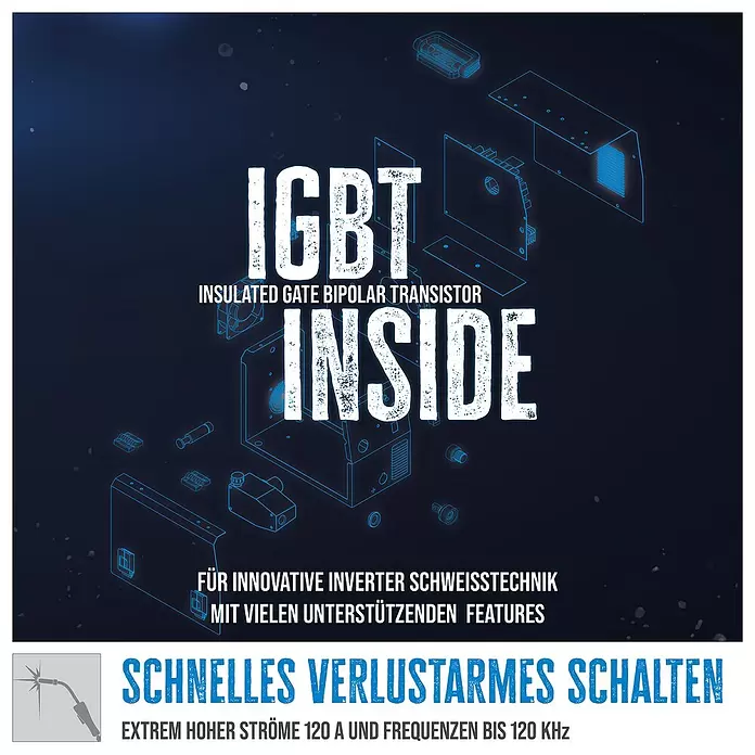 Güde Fülldrahtschweißgerät SG 131 A-SYN - Schweißstrom: 20 A - 120 A, 230 V - Schnittzeichnung interner Bauteile mit 'IGBT Inside' für Inverter-Schweißtechnik, betont schnelles, verlustarmes Schalten hoher Ströme.